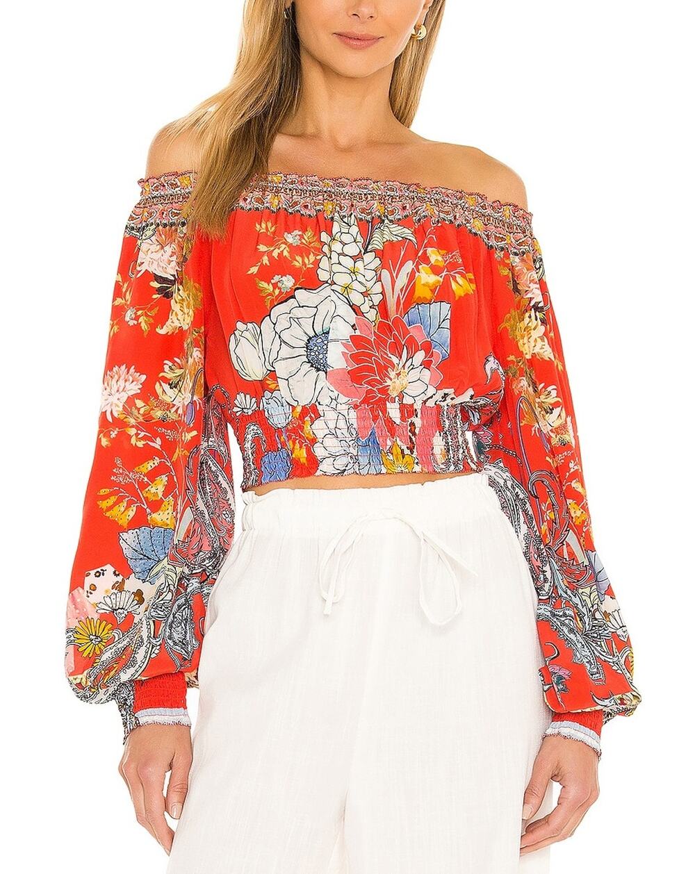 Camilla Bohemian Red Floral Shirred Waist Blouse Size L